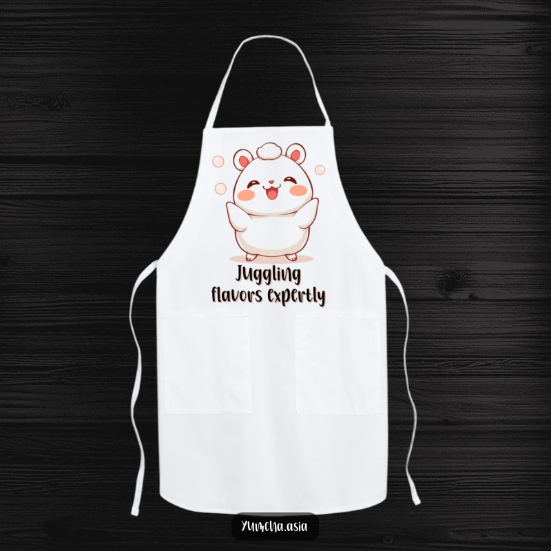 Funny bao bun apron showing a cheerful character juggling three shining pearls, ready for culinary fun.