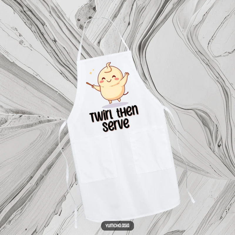 Funny dumpling apron featuring a smiling character performing a charming dance with culinary chopsticks, ready for kitchen duty.