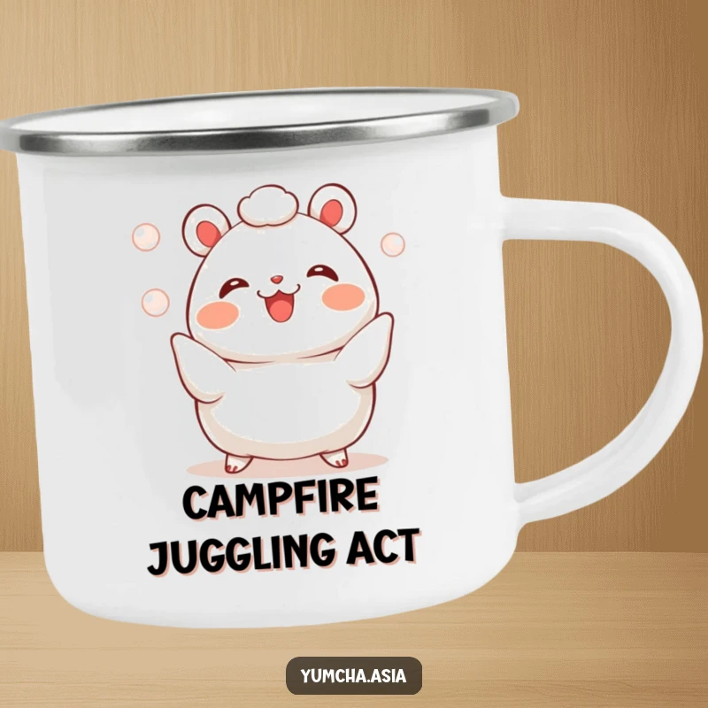 Funny bao bun camping mug with a cheerful character juggling pearls, adding a touch of playful art to outdoor settings.