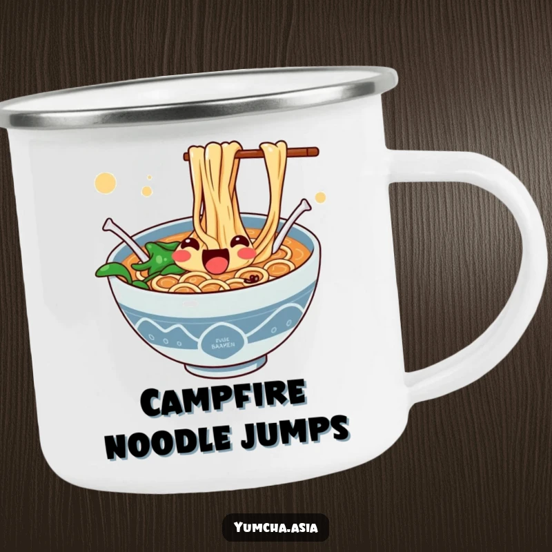 Funny camping mug of a jubilant ramen bowl with noodles enthusiastically jumping, ready for the outdoors.