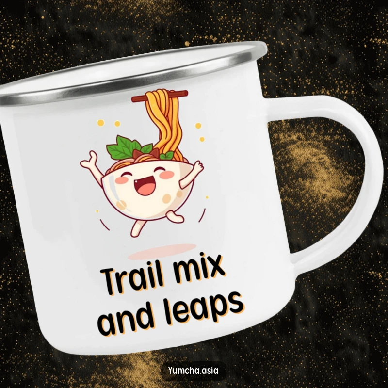 Funny ramen bowl camping mug with a happy leaping character and flying noodles, perfect for rustic charm and outdoor humor.