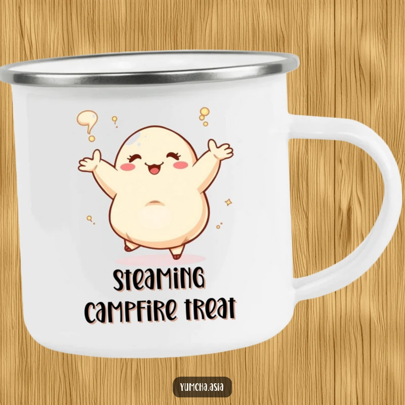Funny Dancing Dumpling joyfully steaming, sturdy camping mug. This humorous enamel mug is perfect for outdoor dining.