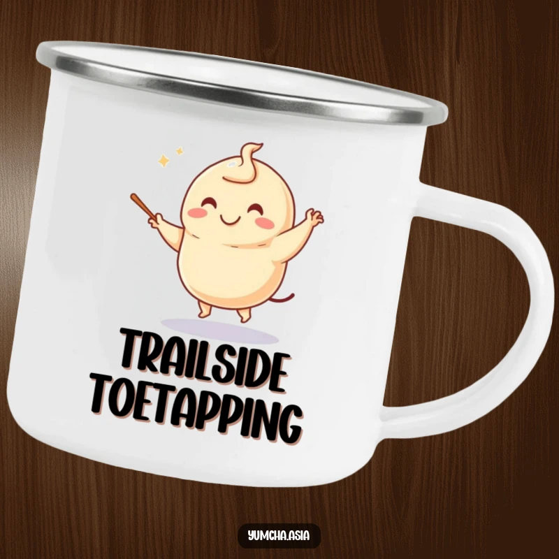 Funny dumpling camping mug with a smiling dancing character using chopsticks, perfect for rustic charm and outdoor humor.