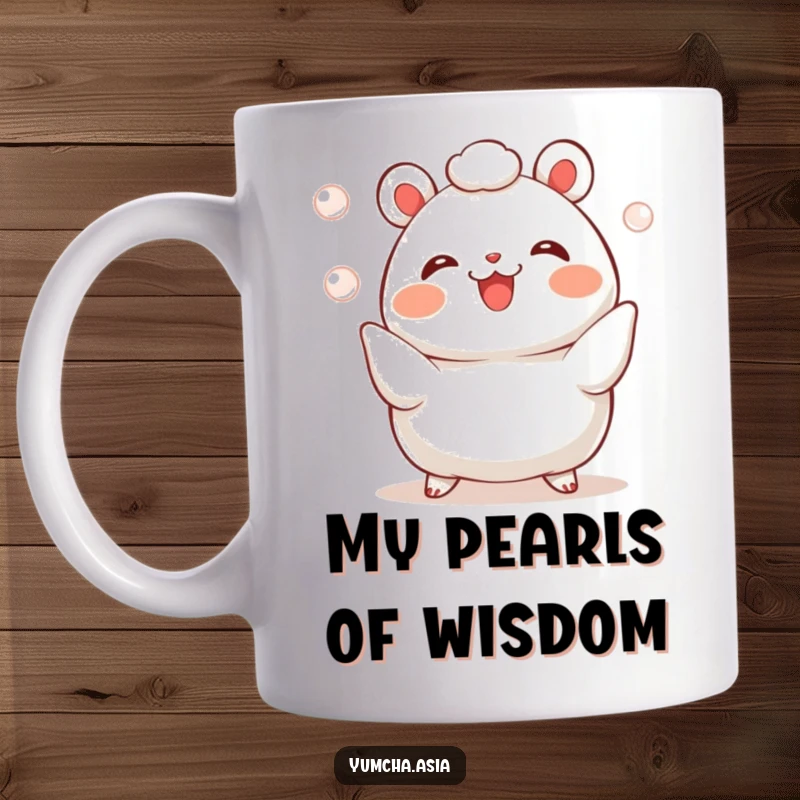 Funny bao bun mug featuring a cheerful character joyfully juggling three tiny, shining pearls with impressive skill.