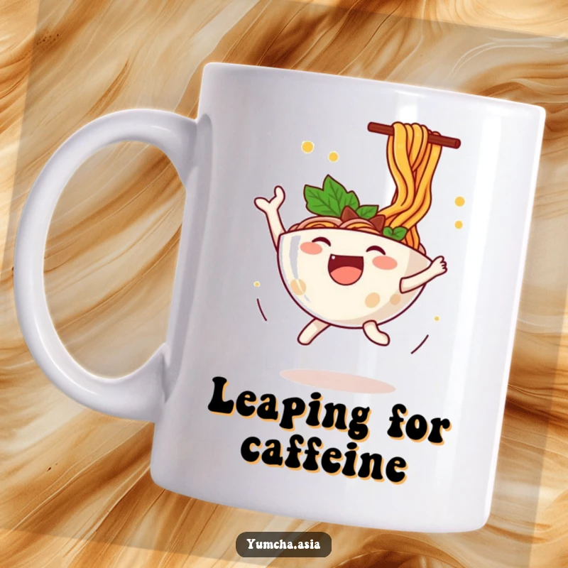 Funny ramen bowl mug featuring a happy character leaping with joy, with noodles flying dynamically around it.