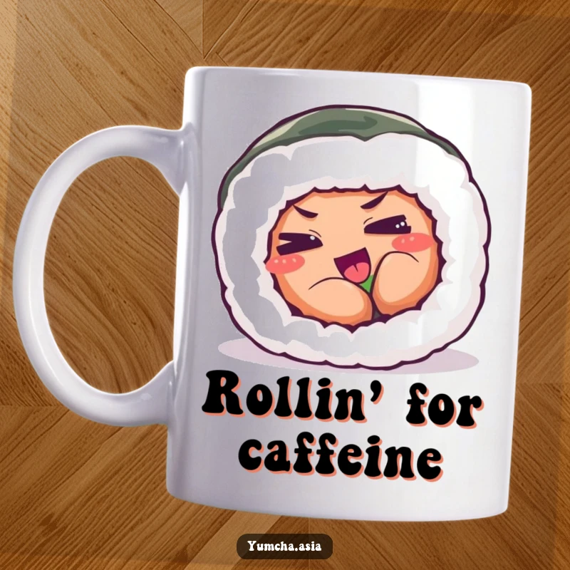 Funny mug featuring a sushi roll with eyes squinted in playful exertion, captured in a humorous moment.
