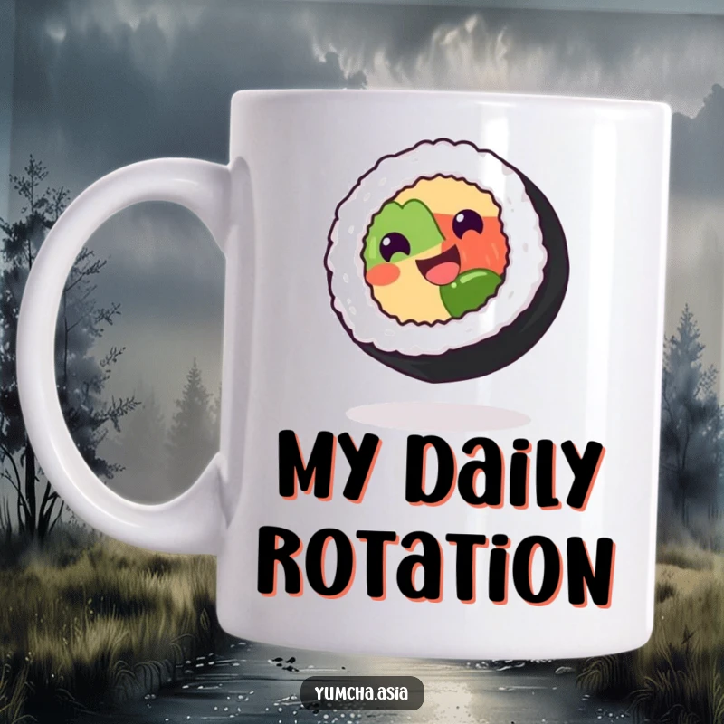 Funny sushi roll mug featuring a grinning character spinning delightedly on its side in a playful, food-themed design.