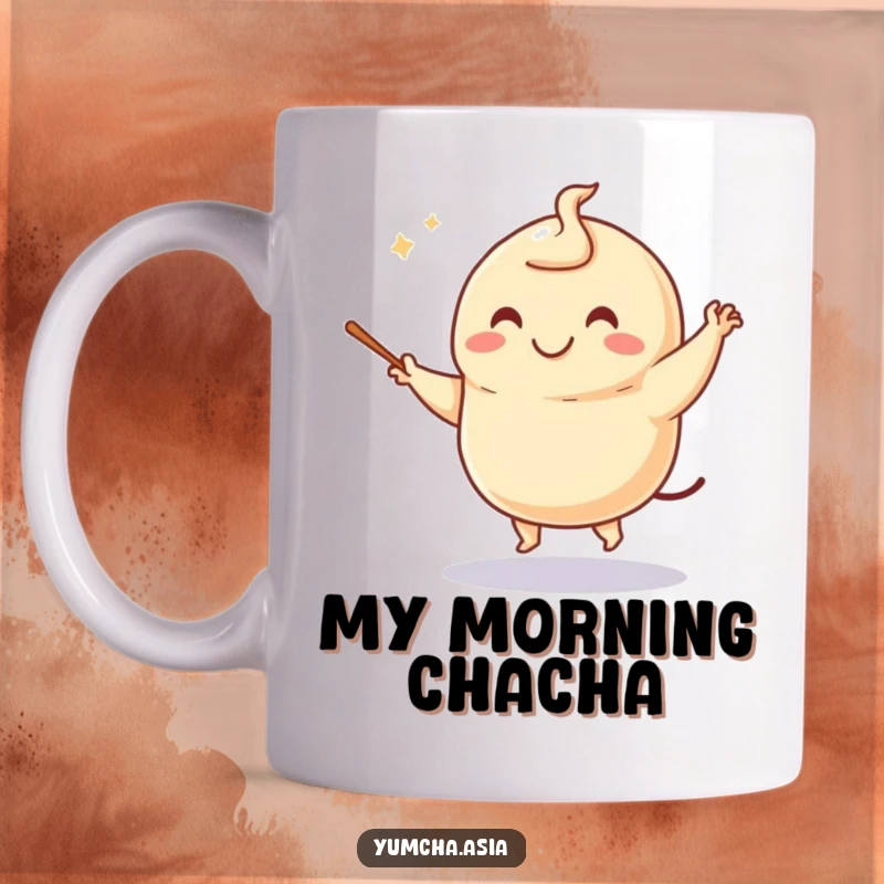 Funny dumpling mug featuring a smiling character dancing joyfully, using chopsticks like tiny batons in a whimsical food art scene.