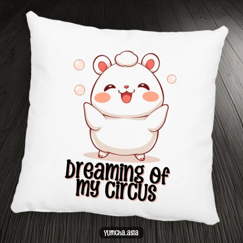 Funny bao bun pillow featuring a happy character skillfully juggling three shiny pearls, adding a touch of whimsy to any couch.