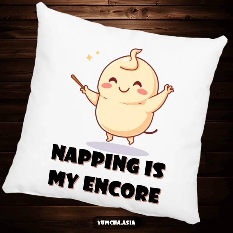 Funny dumpling pillow showing a happy character dancing with chopsticks, creating a humorous and cuddly home decor accent.