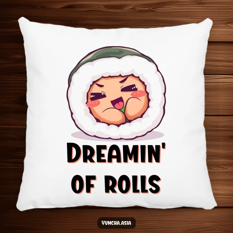Funny pillow featuring a sushi roll with eyes squinted in a whimsical pose of playful exertion.