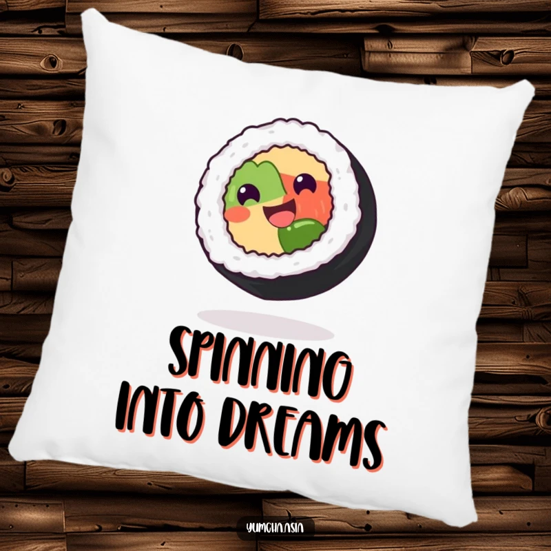 Funny sushi roll pillow featuring a grinning character spinning delightedly on its side, adding whimsical charm to any couch.
