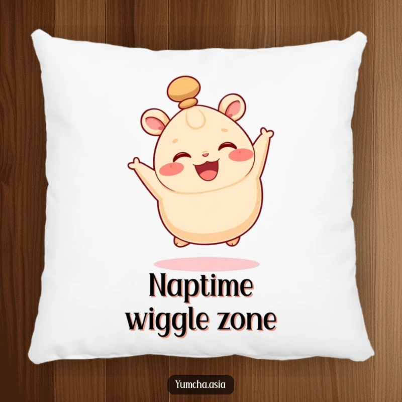 Funny pillow featuring a happy bao bun leaping with joy, its top knot wiggling playfully.