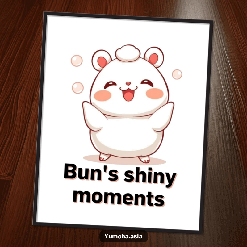 Funny bao bun digital art print of a cheerful character juggling three shining pearls, a playful and artistic addition.