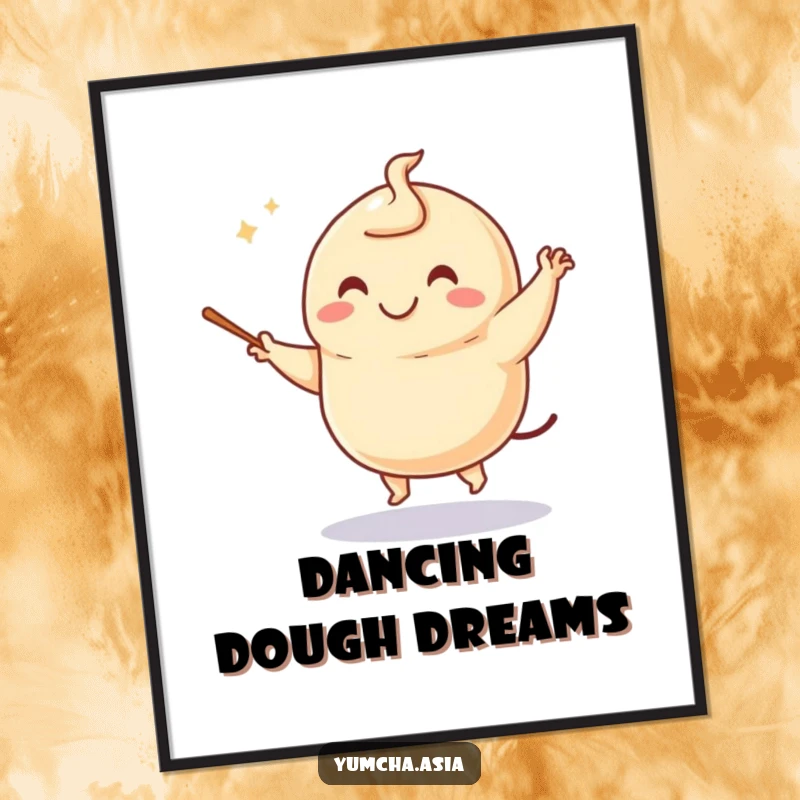Funny dumpling digital art print of a smiling character dancing with chopsticks, a lively and humorous piece for any room.