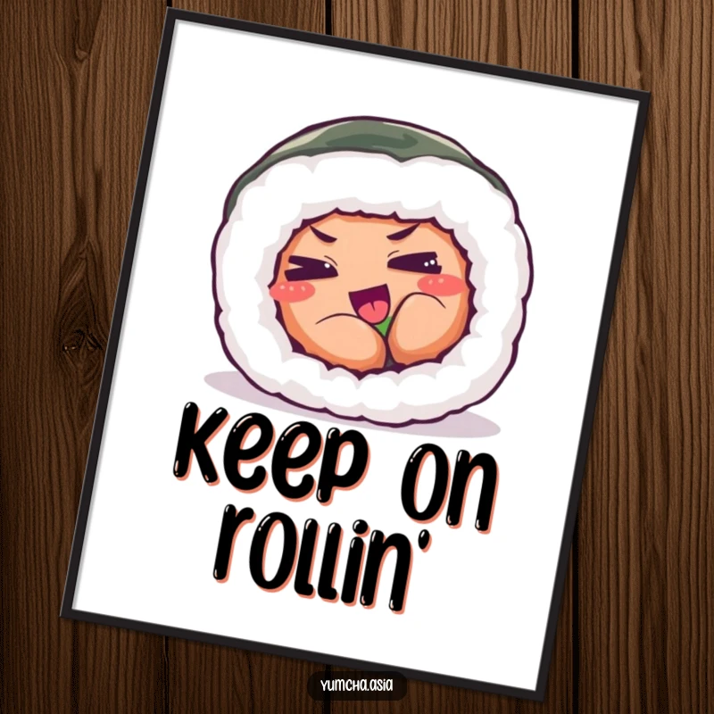 Funny digital art of a sushi roll with eyes squinted in playful exertion, capturing a moment of humorous effort.