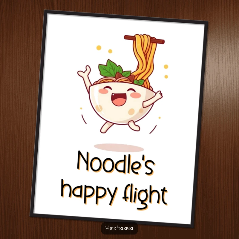 Funny ramen bowl digital art print of a happy character leaping with joy, noodles flying, a dynamic and humorous piece.