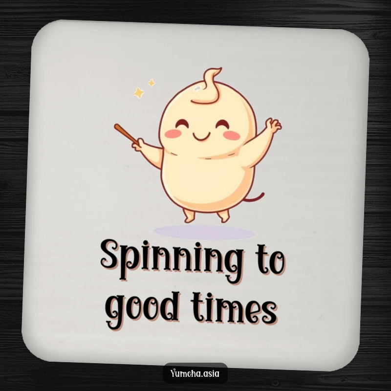 Funny dumpling coaster featuring a smiling character dancing with chopsticks, adding a playful touch to any table setting.