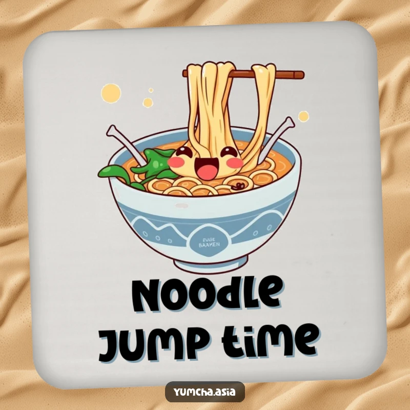 Funny coaster featuring a jubilant ramen bowl with noodles enthusiastically jumping, adding fun to drinks.