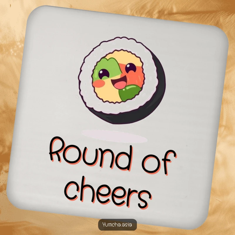 Funny sushi roll coaster featuring a grinning character spinning delightedly on its side, adding playfulness to any table.