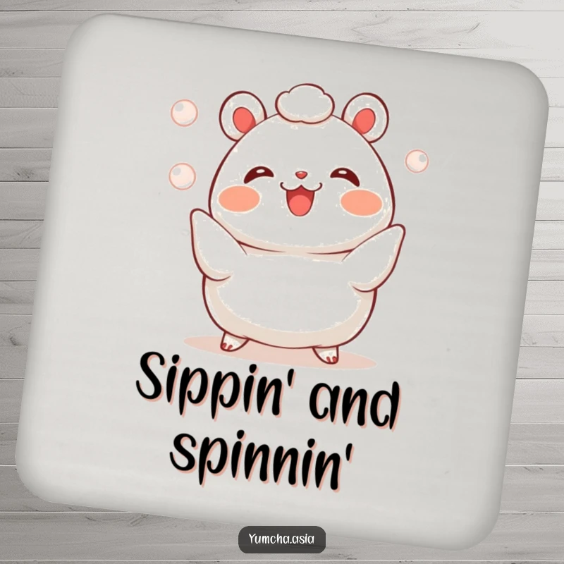 Funny bao bun coaster featuring a cheerful character juggling three shiny pearls, adding a playful touch to any table.