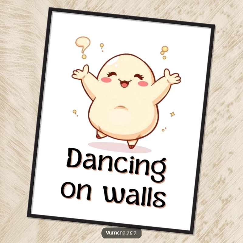 Funny Dancing Dumpling joyfully dancing and steaming, vibrant poster art. This humorous wall decor is full of flavor.