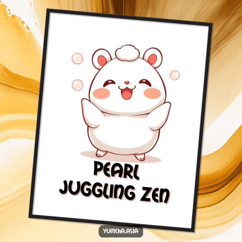 Funny bao bun poster depicting a cheerful character in the act of juggling three small, sparkling pearls with great enthusiasm.