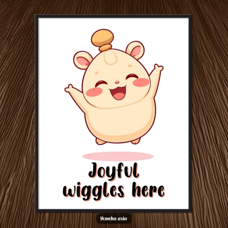 Funny poster of a happy bao bun mid-leap, its top knot wiggling with pure, infectious delight.