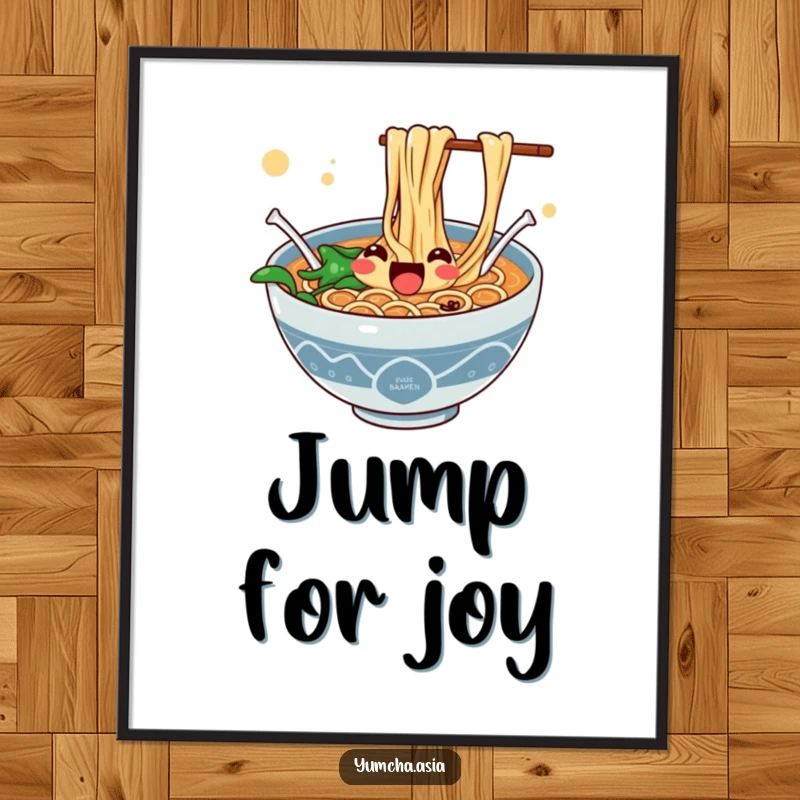 Funny poster of a jubilant ramen bowl with noodles enthusiastically jumping, a celebration of flavor.