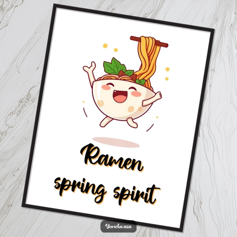 Funny ramen bowl poster depicting a happy character leaping with joy, noodles flying dynamically in a whimsical food illustration.