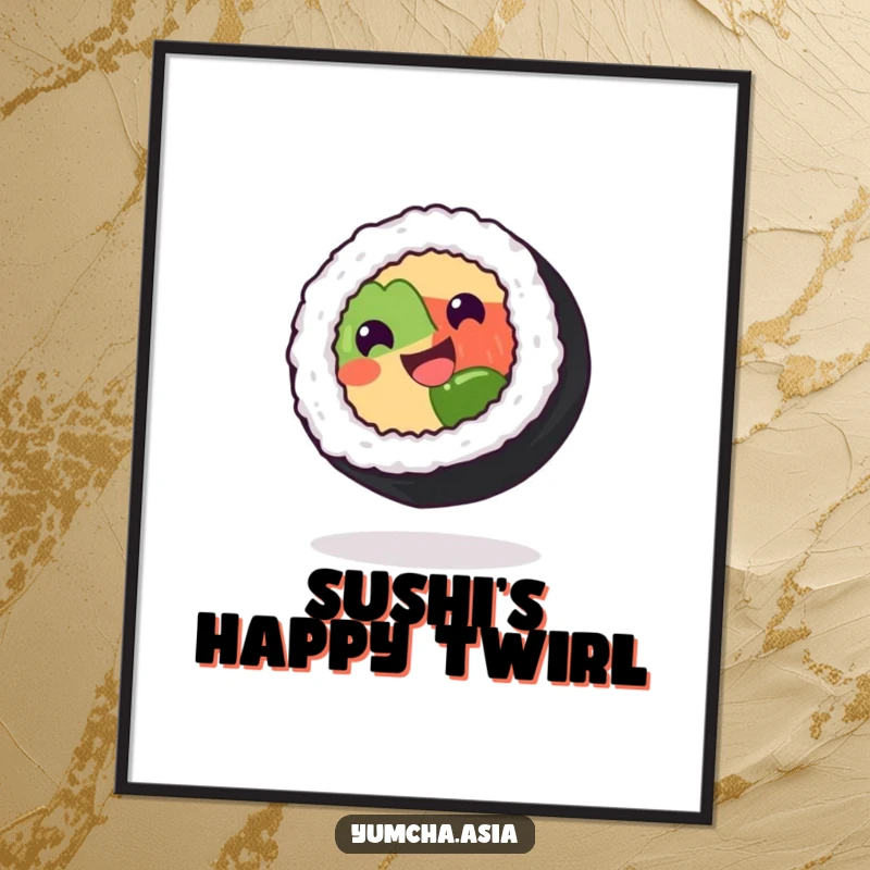 Funny sushi roll poster depicting a grinning character spinning with delight on its side, a whimsical and humorous food illustration.