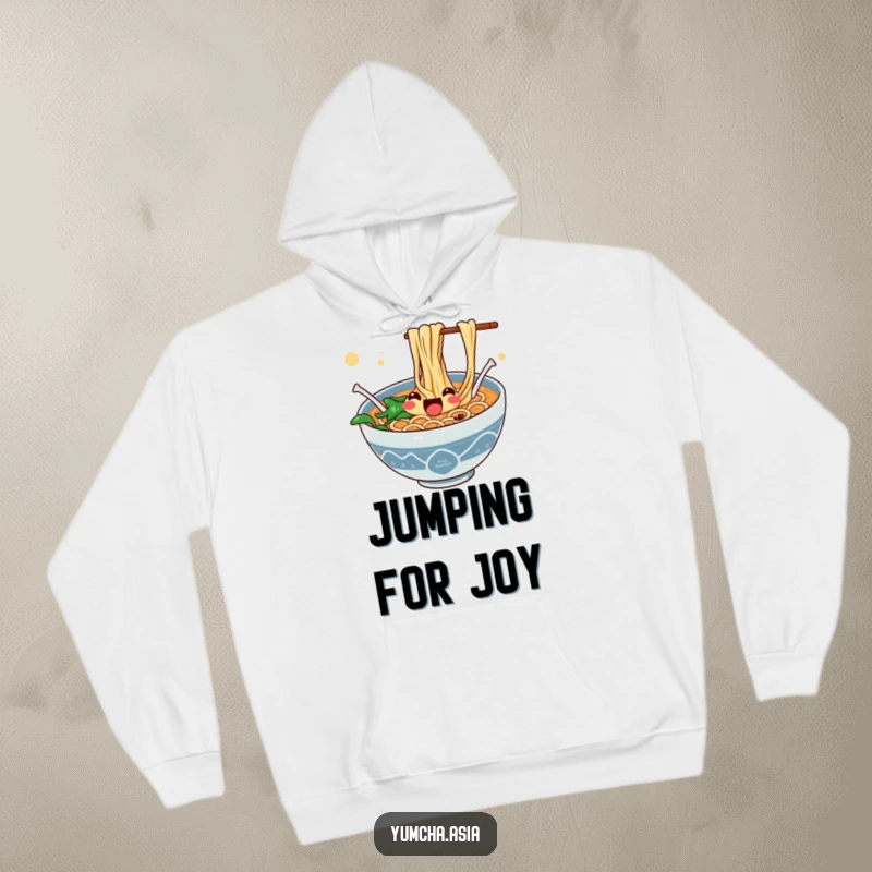 Funny hoodie featuring a jubilant ramen bowl with noodles enthusiastically jumping in a lively display.