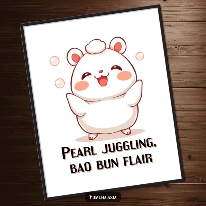 Funny Free Printable Bao Bun Wall Art: A cheerful bao bun juggles shining pearls, creating a whimsical decor piece.