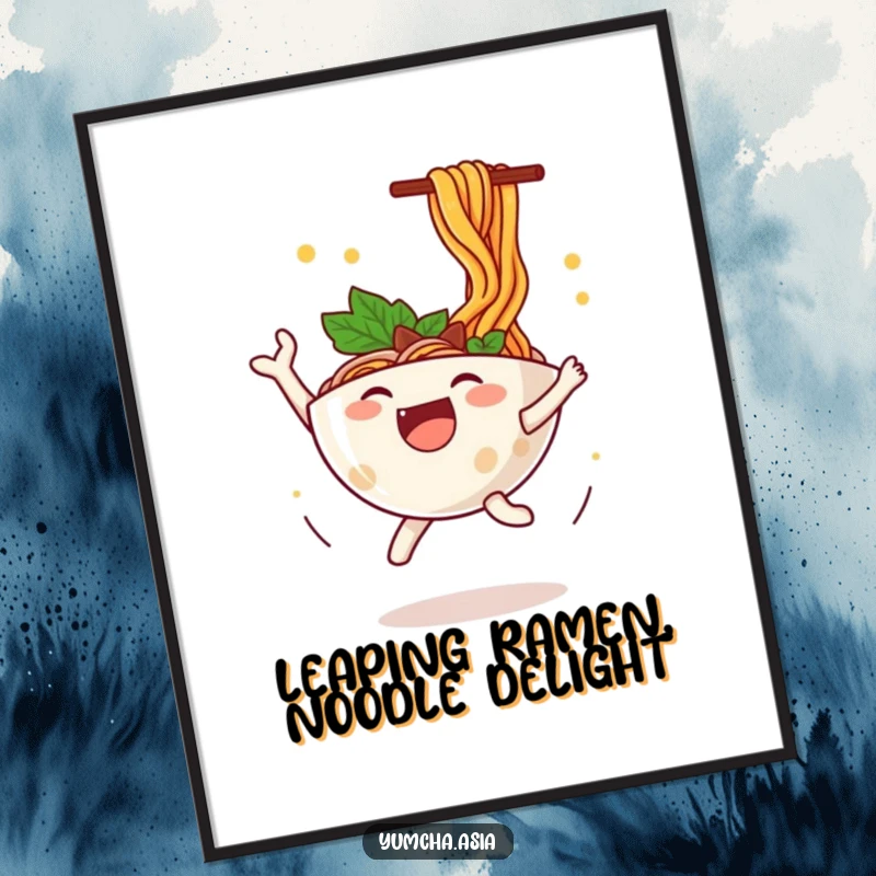 Funny Free Printable Ramen Wall Art: A happy bowl of ramen leaps joyfully, noodles flying, creating dynamic decor.