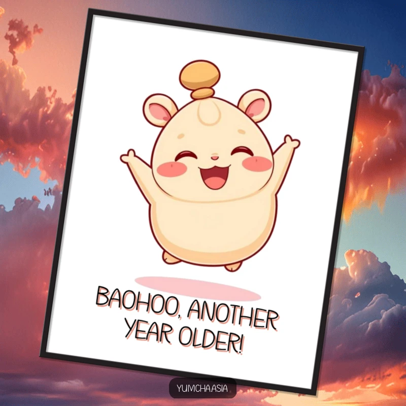 Funny Free Printable Wall Art of a happy bao bun in mid-air, wiggling its top knot with pure delight.