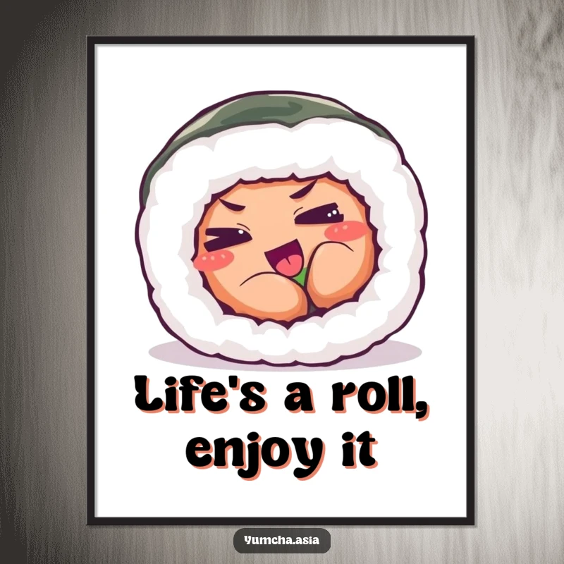 Funny Free Printable Wall Art of a sushi roll with squinted eyes, mid-roll, exuding charming effort and humor.