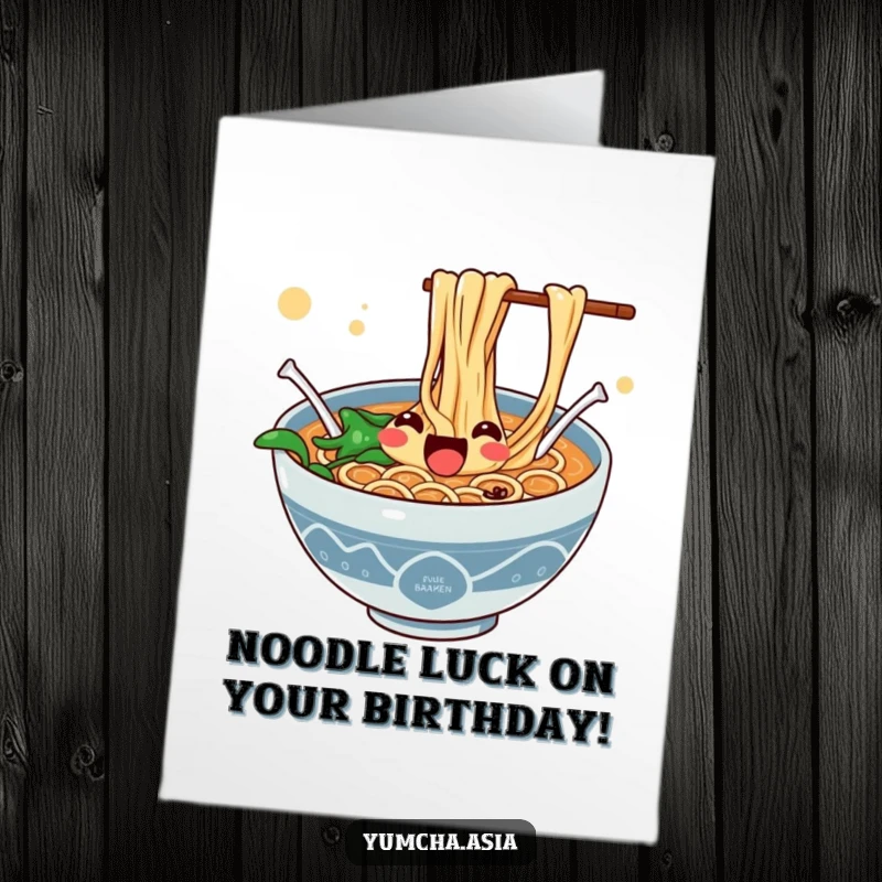 Funny Free Printable Birthday Card featuring a bowl of ramen with noodles energetically jumping out in celebration.