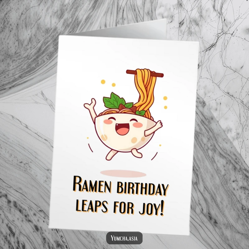 Funny Free Printable Ramen Birthday Card: A happy bowl of ramen leaps with excitement, noodles flying for a celebration.