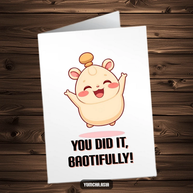 Funny Free Printable Congratulations Card showing a happy bao bun leaping with excitement, celebrating a big win.