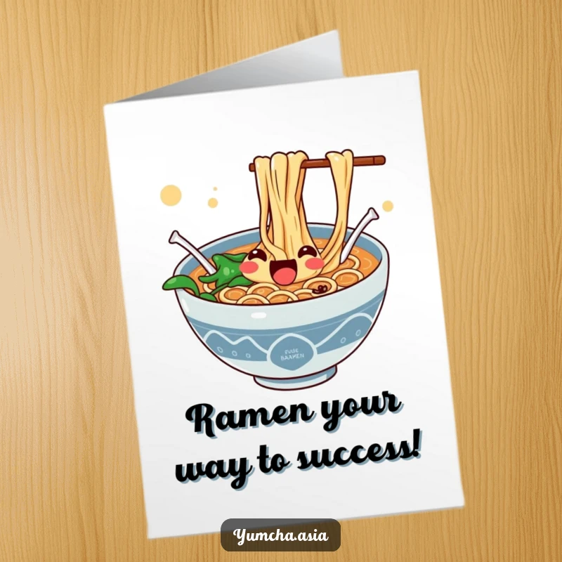 Funny Free Printable Congratulations Card showing a bowl of ramen with noodles leaping joyfully, celebrating success.