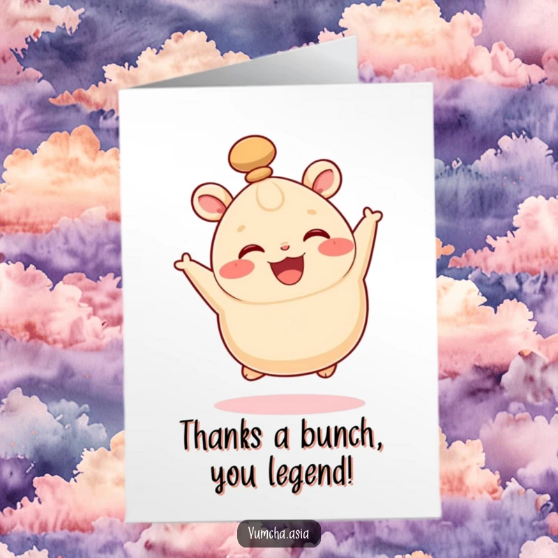 Funny Free Printable Thank You Card featuring a happy bao bun mid-leap, conveying heartfelt thanks with joy.