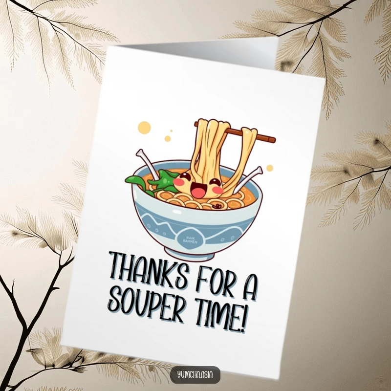 Funny Free Printable Thank You Card featuring a ramen bowl with noodles enthusiastically jumping out to say thanks.
