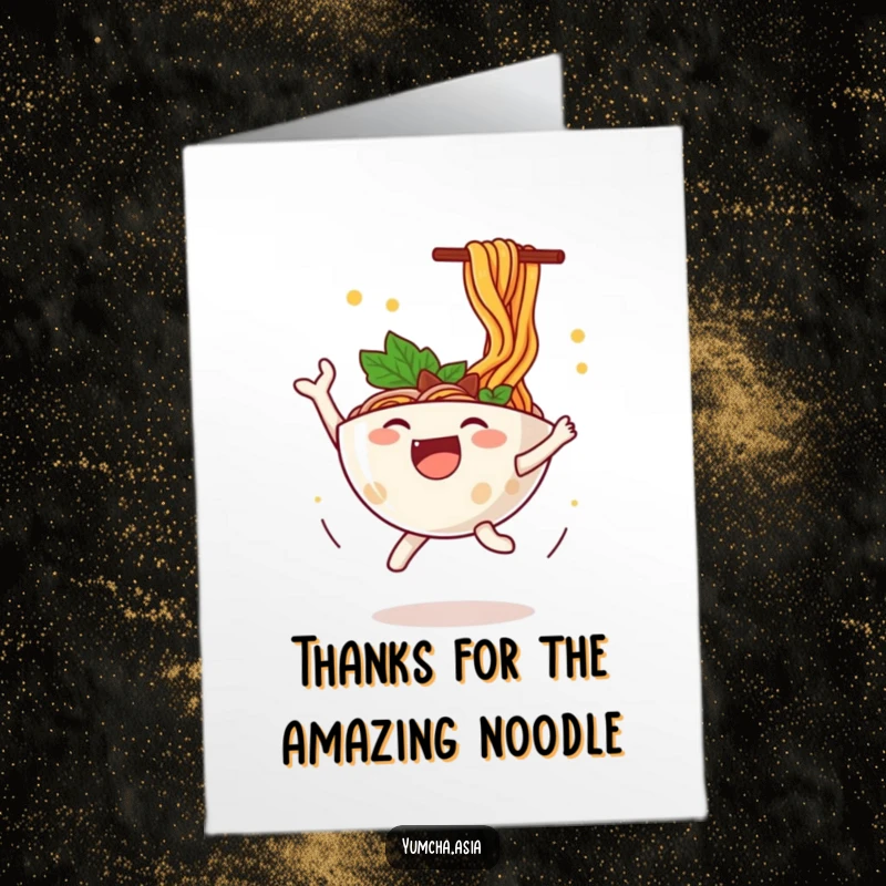 Funny Free Printable Ramen Thank You Card: A happy ramen bowl leaps, noodles flying, showing heartfelt appreciation.