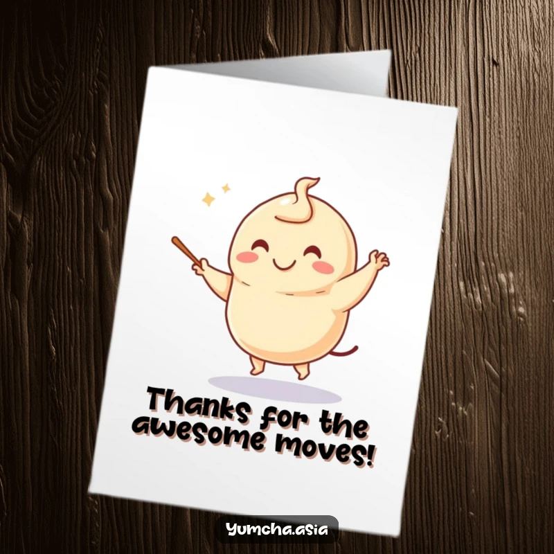Funny Free Printable Dumpling Thank You Card: A smiling dumpling grooves with chopsticks, expressing gratitude.