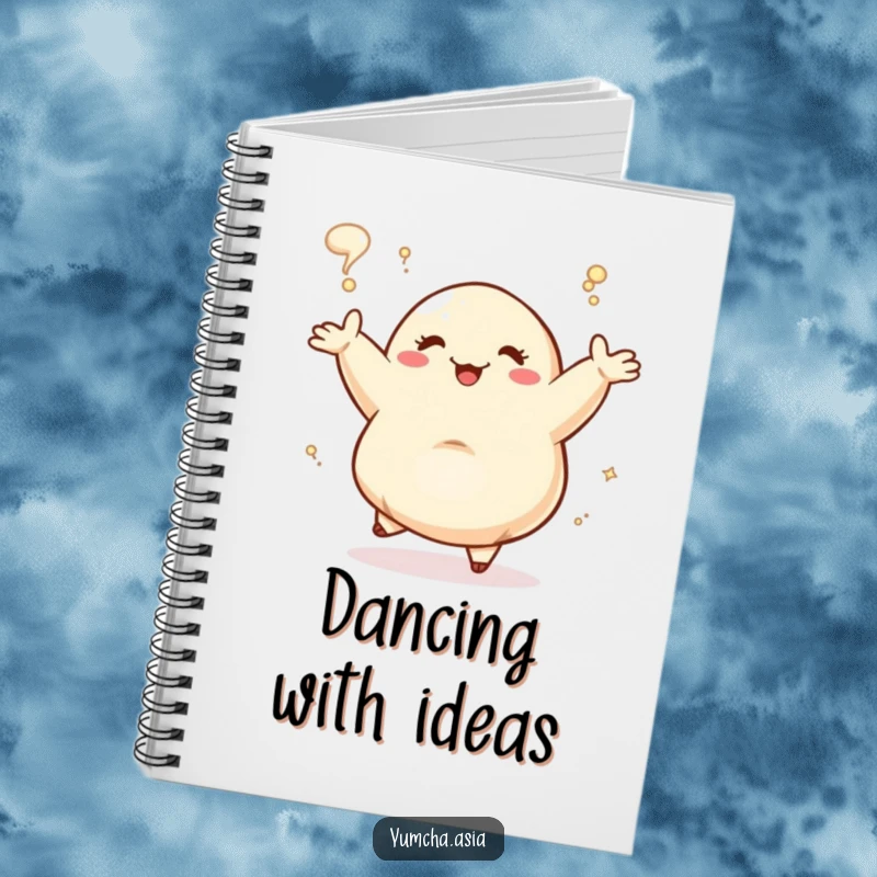 Funny Dancing Dumpling joyfully steaming, ruled notebook pages. This humorous stationery inspires culinary creativity.