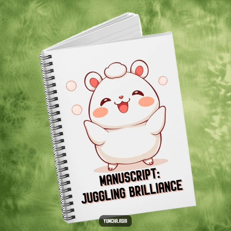 Funny bao bun notebook featuring a cheerful character juggling three small, shiny pearls, inspiring creativity.