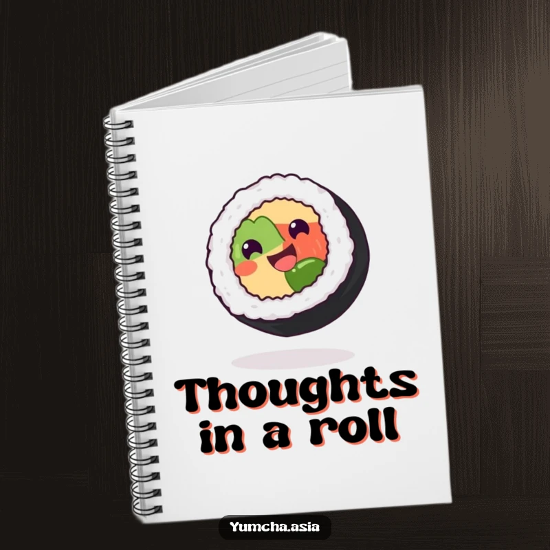 Funny sushi roll notebook featuring a grinning character spinning delightedly on its side, inspiring creative thoughts.