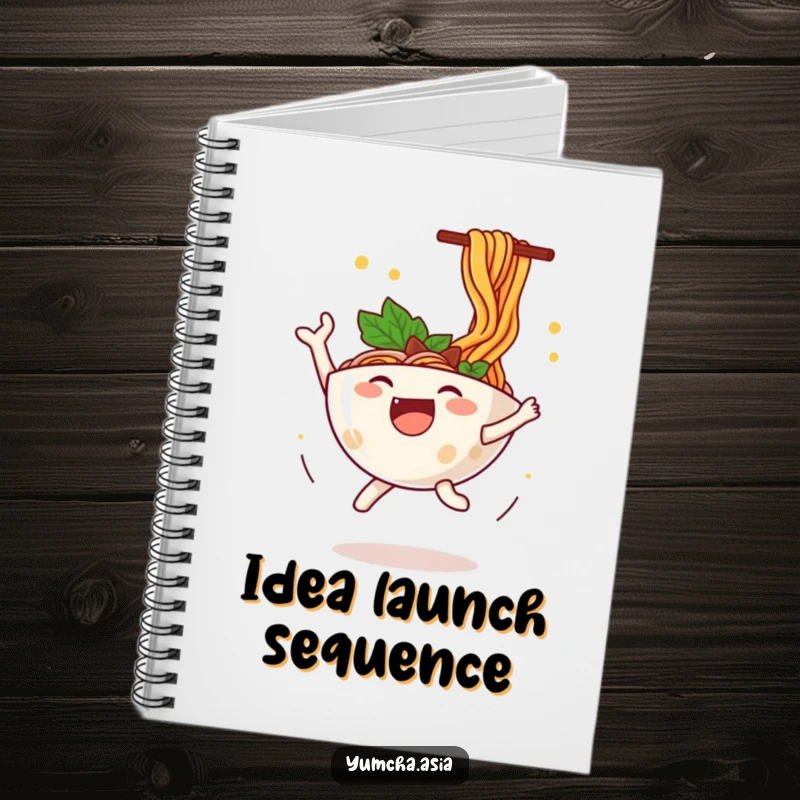 Funny ramen bowl notebook featuring a happy character leaping with joy, noodles flying, inspiring creative thoughts.