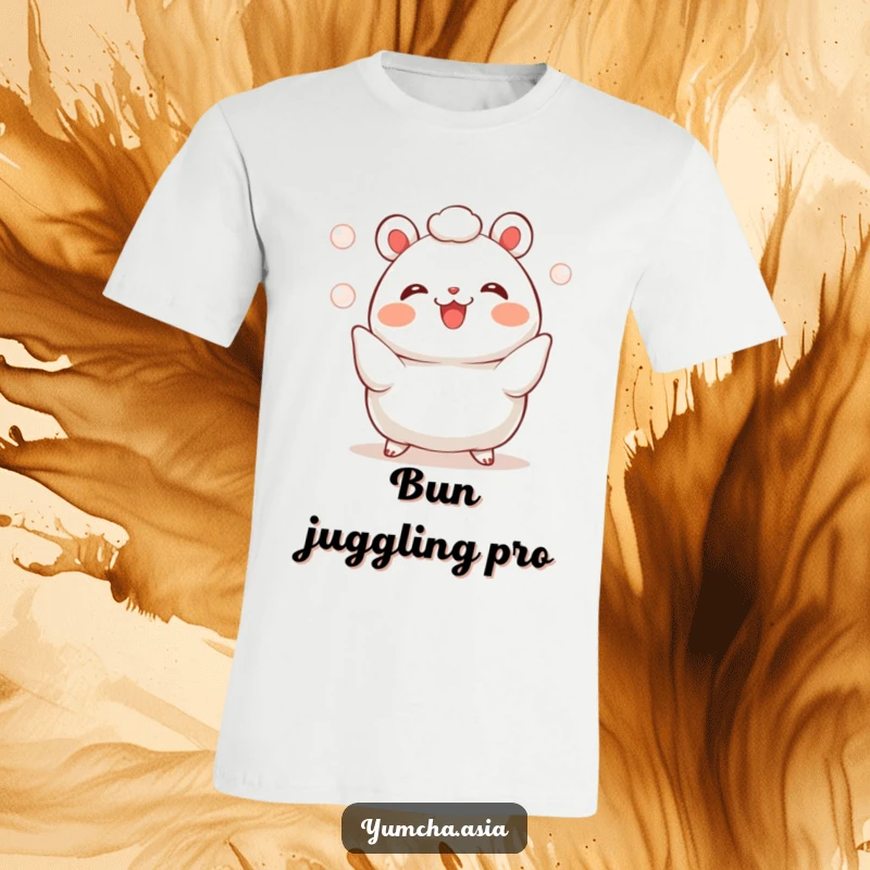 Funny bao bun t-shirt depicting a cheerful character expertly juggling three small, sparkling pearls with a joyful expression.