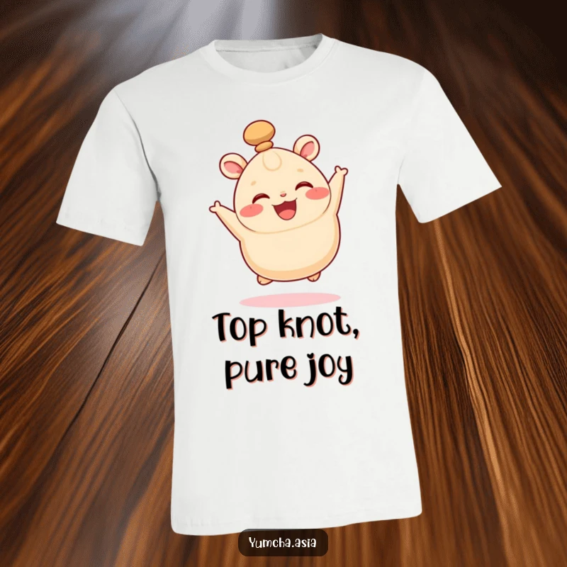 Funny t-shirt showcasing a happy bao bun joyfully leaping, its signature top knot wiggling with excitement.